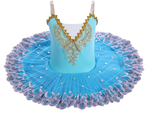 IBAKOM Enfant Filles Robe Ballet Danse lac des cygnes Dentelle Perl?e Camisole Justaucorps Tutu Patinage Artistique Danse Ballerine Tenue Ciel Bleu 9-10 Ans