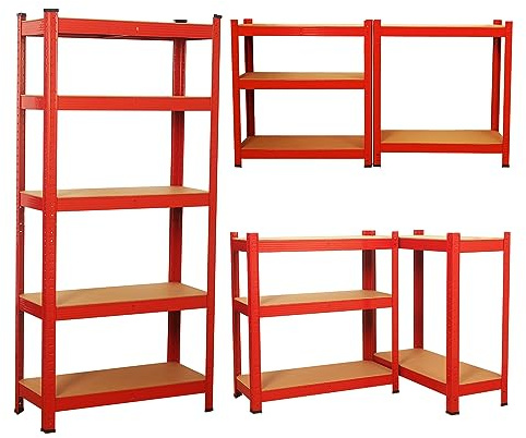 shine planet 5 Tier Garage Shelves Metal Storage Shelving Heavy Duty Shed Storage Racking Unit Adjustable Boltless for Warehouse Workshop Office (Red, 70x30x150cm)