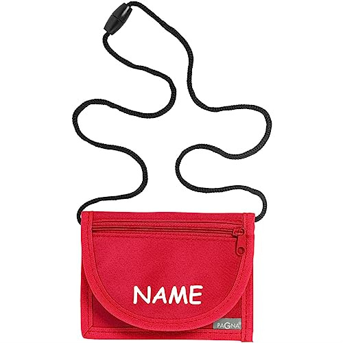 Kiwistar - Brustbeutel rot - Name - 13 x 10 cm Geldbeutel zum umhängen - Geldbörse für Jungen & Mädchen mit Namen individuell personalisiert