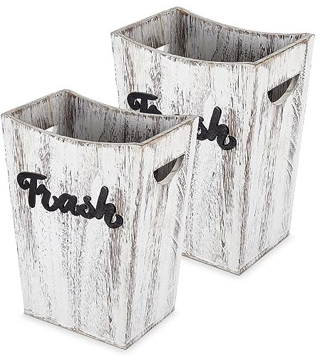 Maxcheck 2 cestas de basura pequeñas de madera rústica, papelera rectangular decorativa estilo granja con doble asa para el hogar, baño, cocina, sala de estar, dormitorio, lavandería, oficina,
