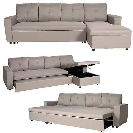 Mendler Ecksofa mit Bettkasten HWC-L16, Couch Sofa L-Form, Liegefläche rechts Nosagfederung Stoff/Textil 290cm - beige