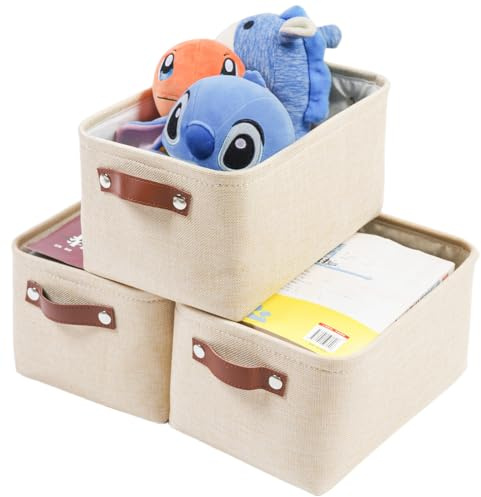 Mangata Faltbare Aufbewahrungskörbe mit Ledergriff,[3 Pack] Verdicktes Leinen Stoff Aufbewahrungsbox Korb für Kleiderschrank, Unterwäsche, Bücher, Kosmetik (Helles Khaki, S)