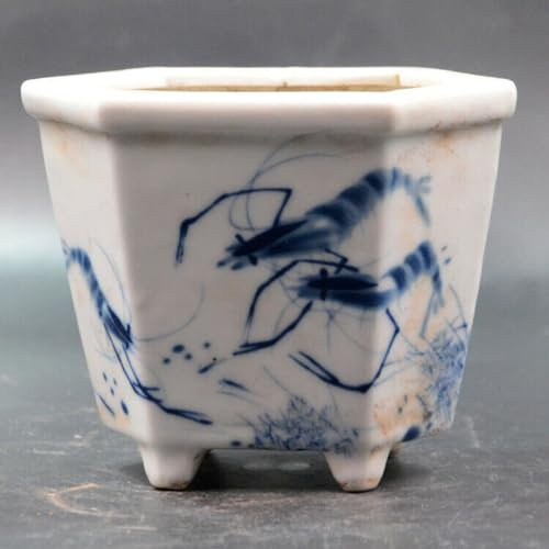 YTDJJWLS 4.72 Chinese Blue and White Porcelain Shrimp Design Flowerpot Pot Collect Decor