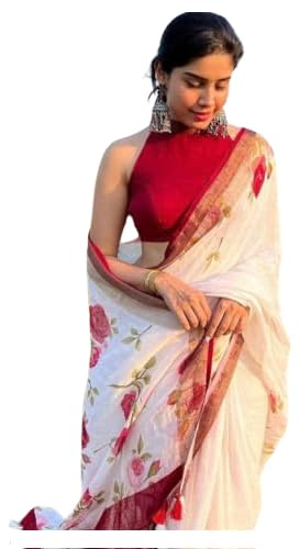 C J Enterprise Banarasi Sari de seda suave de lino puro para mujer con blusa para boda (blanco rojo) (blanco), blanco, talla �nica