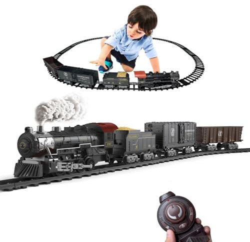 Elektrisches Zugset - Ferngesteuerter Zug mit Dampf, Geräuschen und Lichtern, Waggons und Schienen, Zugspielzeug als Geschenk, Weihnachtszugspielzeug für Kinder ab 3, 4, 5, 6, 7 Jahren