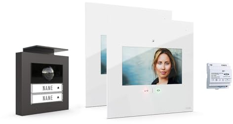 m-e Video-Türsprechanlage RFID anthrazit/weiß | Aluminium Außenstation für 2-Familienhaus | 7“ Design-Innenstation flach | Türklingel mit Kamera | Freisprechanlage Video Zweifamilienhaus 4-Draht