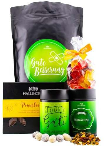 Hallingers Genuss Manufaktur Feinkost Geschenk-Set - XXL-Wundertüte Gute Besserung großer Genesungsgruß Nougat-Mandeln, Tee, Tafel Schoki & Fruchtsaftbären, Geschenkidee für Frauen Männer