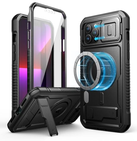 Dexnor Magnetic Bumper Case for iPhone 13 Pro Max, MagSafe Comapitble, Heavy-duty Shockproof Full-body Rugged Protective Cover with Kickstand & Camera Cover & Screen Protector - Black