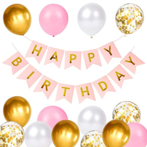 Luftballons Geburtstag Dekoration Set - Happy Birthday Deko Banner, Party Deko Mit Rosa, Weiße, Gold Latex Luftballons, Konfetti Ballons (Rosa+Gold)