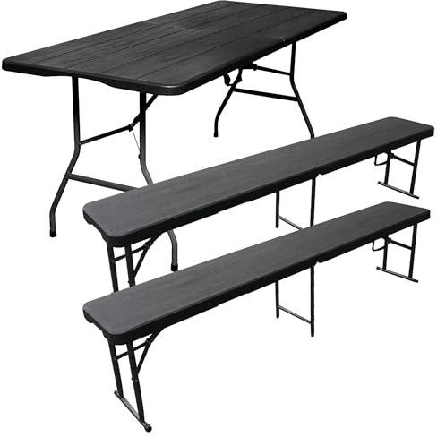 Mesa Plegable Multifuncional 180x74x74cm y set de 2 Bancos plegables 183x30x43cm, con asas para facilitar su desplazamiento, efecto madera, negro
