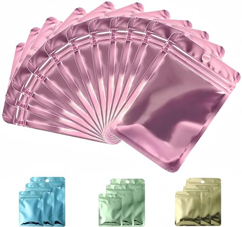 Rimiko 50 Sachets Zip Aluminium Refermable, Pochons Zip Alimentaire avec Fenêtre Transparente, Sac Mylar Hermétique pour Vente au Détail et Stockage des Objets (Rose Métallisée, 9x12cm)