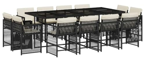 vidaXL Garten Essgruppe 13-TLG., Gartenmöbel Set Tisch mit 12 Stühle, Gartengarnitur mit Kissen, Sitzgruppe Essgarnitur Terrasse, Schwarz Poly Rattan