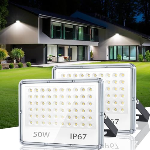 TASINUO 50W LED Floodlight Outdoor Security Lights 5000LM 2 Pack | IP67 Waterproof LED Flood Lights 6500K Daylight Outdoor Lights for Garden, Yard, Garage, Warehouse, Loft, Billboard
