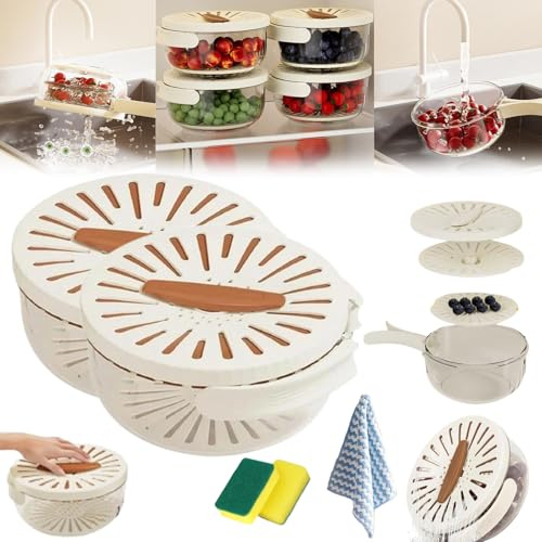 3 in 1 Kitchen Colanders Bowl, Multipurpose Draining Basket with Lid, Multifunctional Drainage Bowl, Fruit Cleaning Bowl with Strainer, Foldable Handle Food Washing Storage Container (2pcs-B)