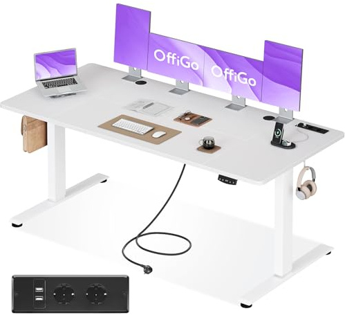 OffiGo Höhenverstellbarer Schreibtisch mit Steckdosen, 180x80cm, Weiß | Elektrischer Schreibtisch mit USB Ladeanschluss, Schreibtisch Höhenverstellbar mit 2 Memory Funktion, Computertisch für Home