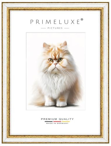 PrimeLuxe Massiv Holz Bilderrahmen - Maßanfertigung 50 x 150 cm in Alt-Weiß Gold | Größe wählbar | mit entspiegeltem Acrylglas | Rahmen für Poster | Puzzle | Foto collage
