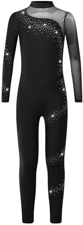 iEFiEL Mädchen Turnanzug Ganzkörper Gymnastikanzug Langarm Jumpsuit Strass Tanzanzug Einteiler Tanzbody Eiskunstlauf Body Schwarz 134-140