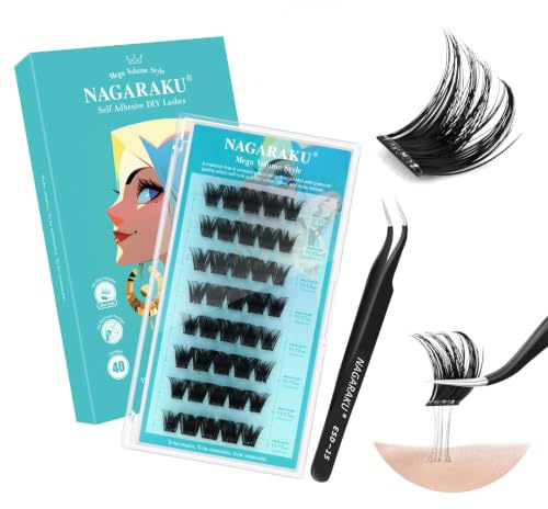 NAGARAKU Mega Volume Selbstklebende Wimpern mit Pinzette 40 Fans DD 11-17 | Mega Volumen Look, Ein-Schritt-Anwendung Ohne Kleber & Entferner Wiederverwendbar Weich Dünnes Band Extremes Dichte Effekt