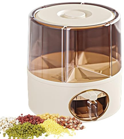 6-Grid Rotating Food Dispenser for Kitchen | -Click Rice Storage Container with Rotating Design | Multi-Compartment Grain Dispenser for Rice, Beans, and Cereals | Easy Access Food Storage Bucket