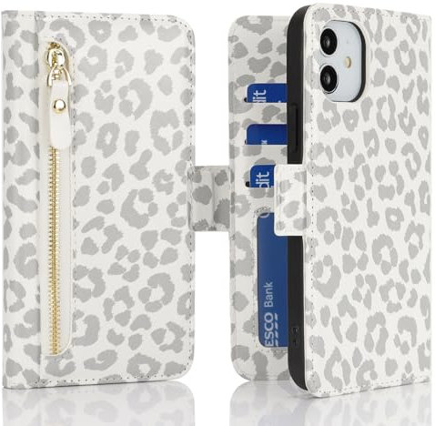 Ｈａｖａｙａ Hülle für iPhone 12 mit Kartenhalter und Standfunktion Klapphülle PU Leder Flip Kompatibel mit iPhone 12 Pro Hülle Reißverschluss geldbörse - Weißer Leopardendruck