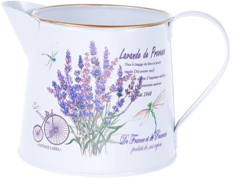 OSOLADY Rustic Metal Pitcher Vase with Hand-painted Lavender Flower Pattern, Small Galvanized Watering Can and Cottage Style Enamel Jug for Garden Plant Decoration and Home Floral Arrangement