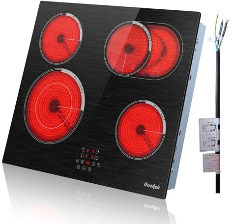 Cooksir Ceramic Hob 4 Zones, 60CM Built-in Electric Hob, with Oval and Dual Expandable Zone, Striped Ceramic Glass, Sensor Touch, Safety Lock, 99-Min Timer, Hard Wired, No Plug, 230V