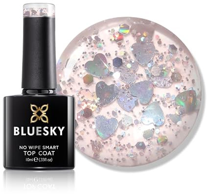 Bluesky Heart Romance No Wipe Top Coat 10ml, Pink Heart Glitter Gel Nail Polish for 21 Day Manicure, Requires Curing Under LED UV Nail Lamp