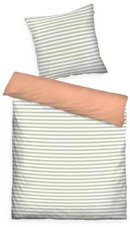 TOM TAILOR Perkal-Bettwäsche, 70x90 + 140x200 cm, 100% Baumwolle/Perkal, mit Wendemotiv, farbiger Paspel am Kissen und Reißverschluss, STRIPES WITH A KICK Hellgrün, Pfirsich (Green Leaf & Juicy Peach)