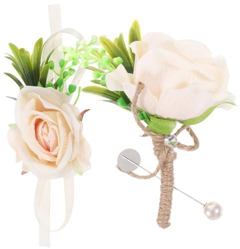 LIFKOME 1satz Künstlicher Boutonniere Und Handgelenk-corsage Mit Rosen Für Hochzeiten Hochwertiges Teiliges Blumen-accessoire Champagnerfarbe Für Braut Und Brautjungfer