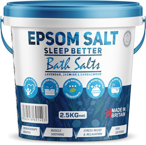 Scented Epsom Bath Salts 2.5kg Infused with Jasmine, Sandalwood & Lavender Essential Oil, 100% Natural Mineral Salts - Supports Sleep and Relieves Aching Muscles Magnesium Sulphate Bath Foot Soak
