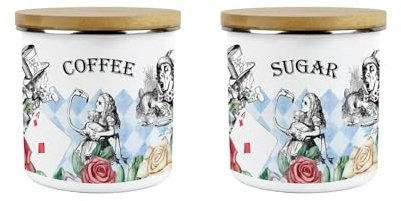Purely Home Alice's Adventures in Wonderland Coffee & Sugar Canisters Set - Cartoon Characters White Rabbit Hatter Kitchen Gifts - Medium Metal Enamel Storage Containers 2 Pack