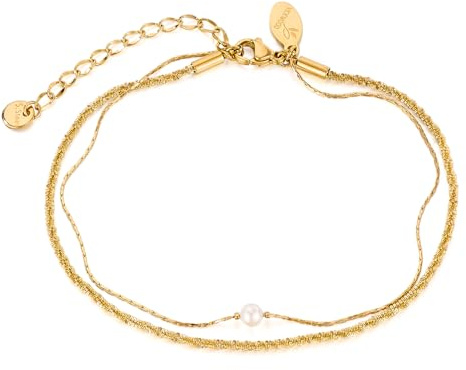 VICKWOOD Fußkettchen für Damen bis 30cm lang Perlen Armband Damen Gold-Halskette Set Edelstahl -Wasserfest Fussketten für Frauen - Gold/Silber/Rosegold
