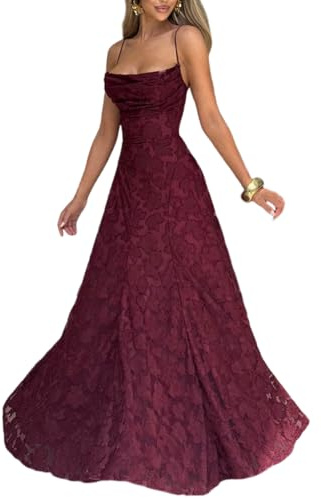 Robes De Demoiselle d'honneur en Dentelle Florale Jacquard 2025 Élégantes Corset À Bretelles Spaghetti Dos Nu Longue Robe De Soirée Formelle,Burgundy,M