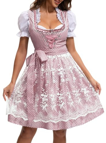 Oktoberfest Dirndl Dress for Women German Bavarian Traditional Lace Up Mini Dress with Apron Costume Set Pink
