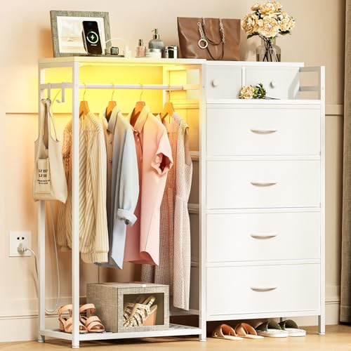 Coleshome Kommode mit Schubladen mit Kleiderstange, mit LED-Beleuchtung und Steckdose, Umkehrbares Design mit 6 Schubladen, Stoffkommode für Schlafzimmer und Wohnzimmer, 110 x 30 x 106 cm, Weiß