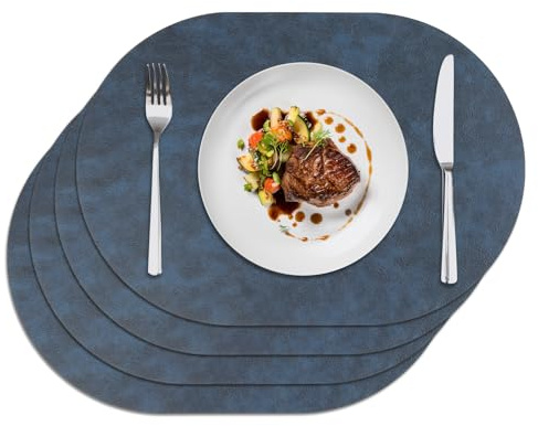 Privalace 4er Set Oval Platzsets Doppelseitigen Lederoptik Blau&Gelb | Platzdeckchen Abwaschbar Tischsets Rutschfest Abriebfeste Hitzebeständig für Küche Zuhause Restaurant Hotel