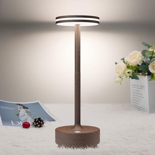 Bravzurg Lampada da Tavolo Senza Fili LED,Lampada 5000mAh Eye-Protect Ricaricabile,3 Modalità di Colore,Luce a USB Batteria Dimmerabile,per Sala da pranzo/Camera da letto/Esterno/Impermeabile（Ruggine）