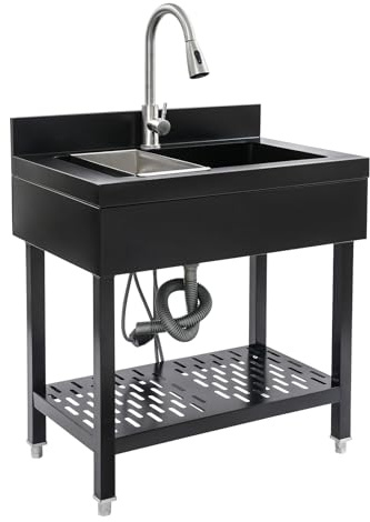 Spültisch 80cm Edelstahl Freistehende Küchenspüle 150kg Gewerbliche Spülbecken mit 360 Grad Drehbaren Wasserhahn Filterkorb und Deckel für Haushalten, Garagen
