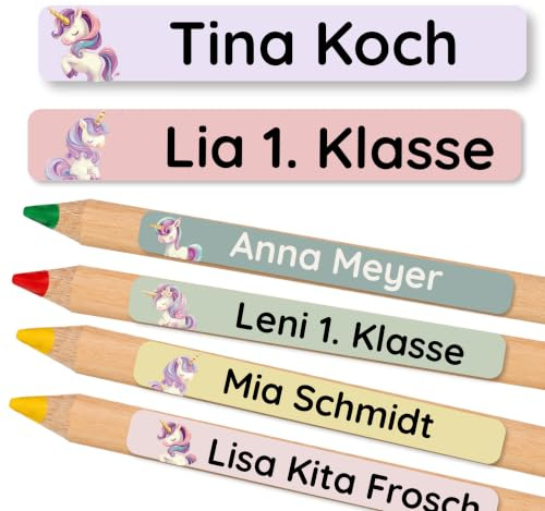 Petite Print® Namensaufkleber für Stifte – (75 Stück) personalisierte Mini-Namensetiketten für Kinder, Schule & Kita, wasserfest & spülmaschinenfest (Einhorn)