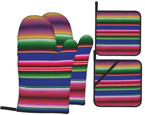 Colorful Mexican Stripes Oven Mitts And Pot Holders 4pcs Sets,Heat Resistant Oven Gloves For Baking Grilling Microwave