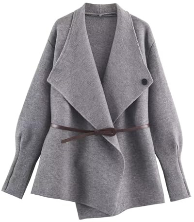 CUFEZN Women's Classic Open Front Cardigans Belted Wrap Knit Coatigan Coat Long Sleeve Casual Dressy Light Jacket Grey One Size