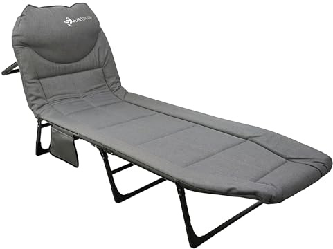 Eurocatch Lettino da Campeggio Pieghevole Grigio - Schienale Regolabile a 5 Posizioni - 4 Gambe di Supporto - Poggiatesta Imbottito - Tasca Laterale - Lettino Camping - 195x65x27 cm