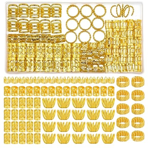AEKZOX 110 Stück Dreadlocks Schmuck, golden Wikinger Haarperlen & Haarschmuck, Verstellbare Metall Haarringe Cuffs für Zöpfe