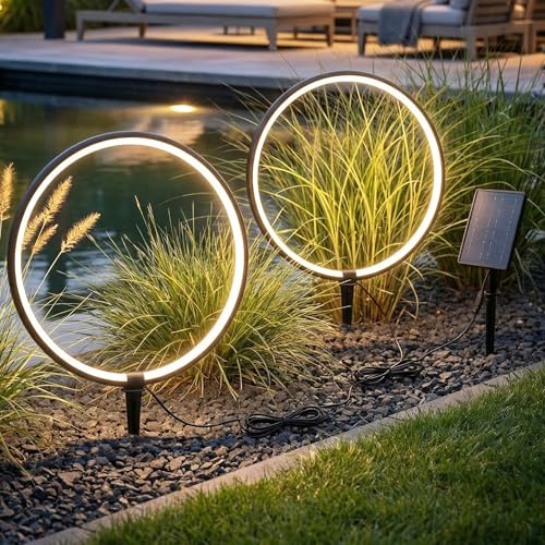 Arnusa Solar Gartenleuchten LED Solar Gartenstecker modern, Solarleuchte Garten Leuchtringe Design warmweiß, Aluminium (2)