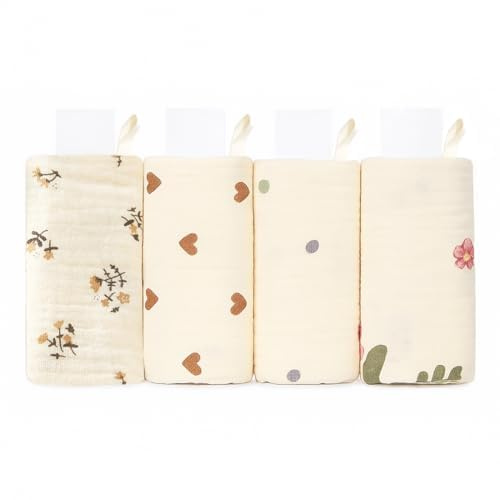 4 Paños Muselina Bebé, 100% Algodón Suaves Paños de Saliva, Transpirables & Absorbentes, Toallas para Recién Nacido, Para Comer, Limpiar y Lavar, 22×23 cm, Estampado Flores