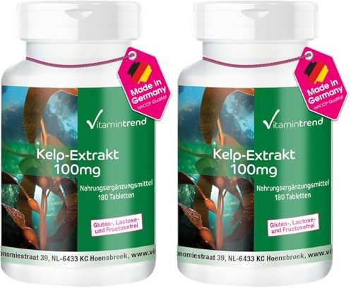 Kelp 100mg - ! POUR 6 MOIS ! - Boite de 180 comprimés - Végan - Varech de l'Atlantique Nord - Iode de source naturelle | Vitamintrend® (Lot de 2)