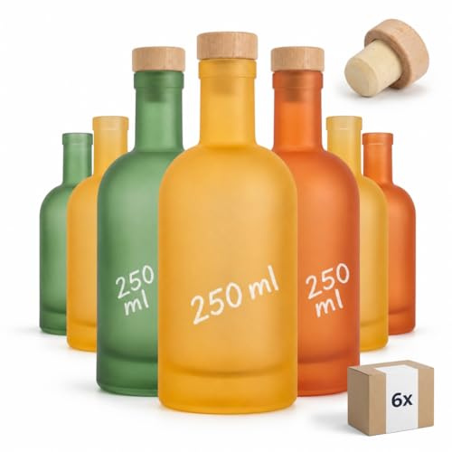 gouveo Set di 6 Bottiglie di Vetro 250 ml Classic Smerigliate Mix (0,25 l) con Tappi in Sughero con Testa in Legno – Bottiglie Vuote per Liquore, Sciroppo, Olio, Aceto e Decorazione