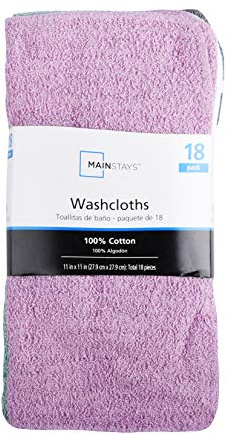Mainstay MAIN STAYS 18 Pack Assorted Cotton Terry Thin Washcloths Rags (Yellow, White, Lime, Violet)