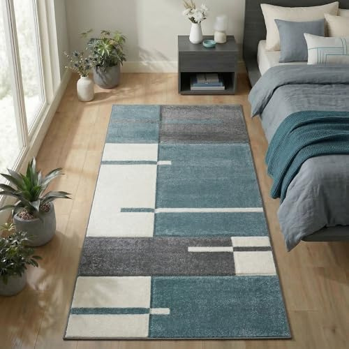 Carpetsale24 Teppich Läufer 80x150 cm Kurzflor Konturenschnitt in Blau Grau Weiß Kariertes Design, Waschbar, Pflegeleicht, Extra Weich Für Flur, Küche, Schlafzimmer