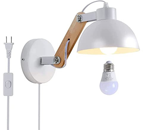 lampada da parete industriale lampada da lettura a parete a braccio lungo in legno regolabile a 360 ° con interruttore e spina, paralume in metallo girevole, lampada da letto regolabile E27 vintage